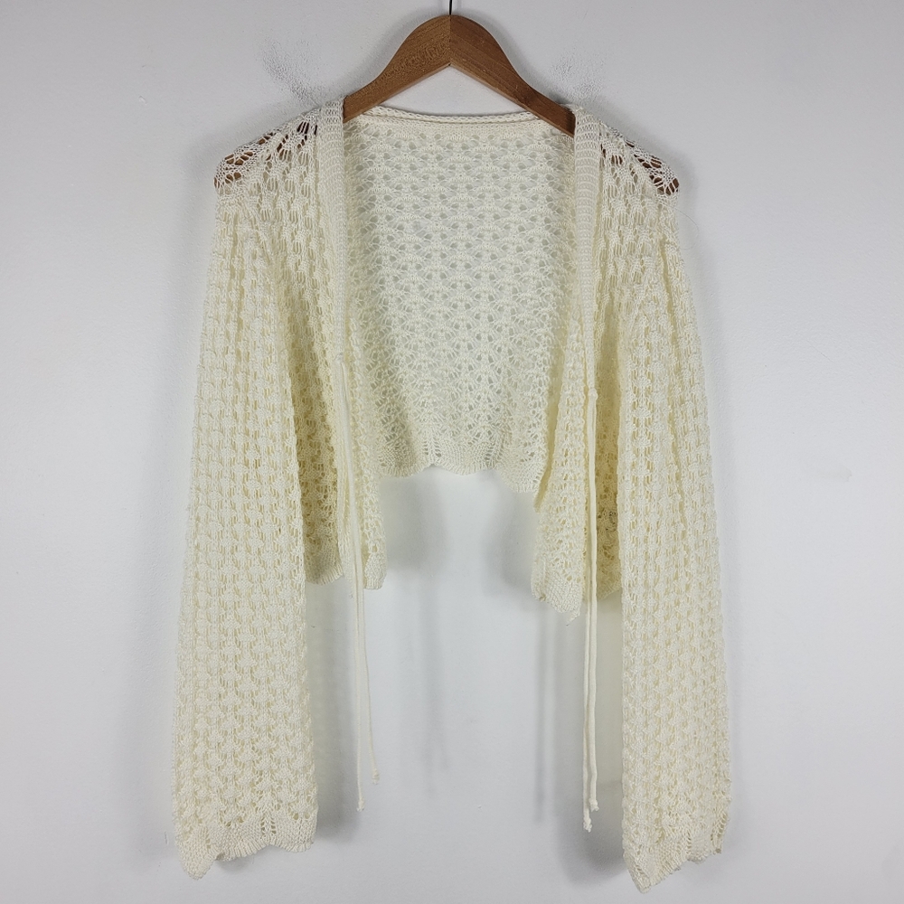 New Crochet Open Knit Tie Front Long Flare Sleeve Cropped Cardigan Unbranded - Picture 2 of 10
